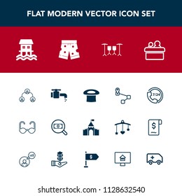 Modern, simple vector icon set with sign, call, structure, houseboat, shorts, medieval, web, castle, building, sun, find, boat, wear, presentation, faucet, sunglasses, conference, water, speaker icons