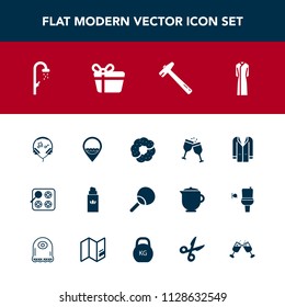 Modern, simple vector icon set with business, fashion, leisure, doughnut, oven, coat, technology, work, sport, location, bathroom, water, hygiene, perfume, shower, beauty, glass, bath, audio icons