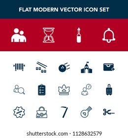 Modern, simple vector icon set with building, home, crown, mark, pin, bell, people, heater, account, notification, fish, web, sport, alert, online, computer, sale, ball, royal, hot, list, add icons