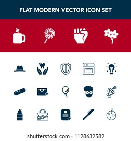 Modern, simple vector icon set with equipment, sakura, lollipop, people, healthy, health, white, flower, electricity, dental, kitchen, air, balloon, hand, blossom, concept, cherry, spring, idea icons