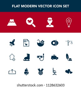 Modern, simple vector icon set with pan, white, volcano, landscape, lava, medicine, rocket, removal, cocktail, list, mask, cooking, saw, apartment, crater, juice, clinic, house, travel, notebook icons