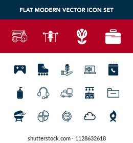 Modern, simple vector icon set with floral, life, tree, game, soap, briefcase, business, technology, truck, skating, online, clean, leisure, fun, microphone, growth, call, vehicle, blossom, book icons