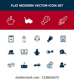 Modern, simple vector icon set with business, science, kitchen, tower, landmark, object, blossom, food, rocket, space, clothing, bouquet, chicken, europe, bank, download, investment, money, meal icons