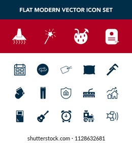 Modern, simple vector icon set with calendar, change, warm, clothing, bed, cocktail, wand, home, day, web, service, glass, concept, reparation, hood, pants, magic, summer, juice, protect, pillow icons