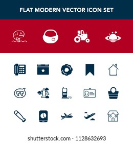 Modern, simple vector icon set with food, field, bubble, sweet, speech, space, telephone, event, sign, planet, white, airplane, doughnut, phone, celebration, globe, message, agricultural, bag icons