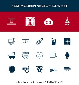 Modern, simple vector icon set with conditioning, cold, sign, desktop, pendulum, machine, web, cloud, spy, bathroom, window, mobile, music, online, guitar, domestic, profile, drink, conditioner icons