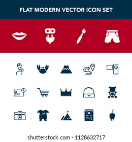 Modern, simple vector icon set with money, sea, currency, finance, video, power, crater, tripod, plug, crown, movie, landscape, female, electricity, navigation, lava, camera, food, cash, route icons