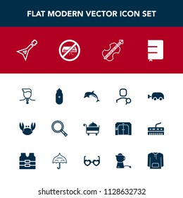 Modern, simple vector icon set with cello, web, computer, music, medal, teapot, clothing, nature, sign, tea, baby, winner, seafood, page, dolphin, animal, gold, violoncello, conditioner, white icons