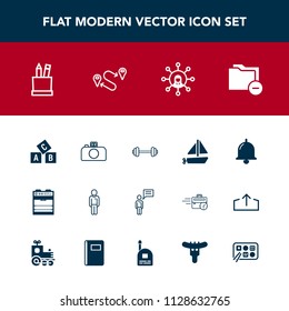 Modern, simple vector icon set with technology, gym, photography, ship, file, restaurant, fitness, bell, destination, alarm, education, camera, stationery, document, male, kitchen, travel, chat icons