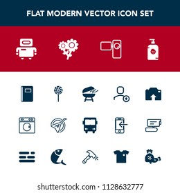 Modern, simple vector icon set with delete, transport, technology, fun, clean, account, happy, robot, musical, web, string, futuristic, book, barbecue, transportation, bus, laundry, video, kid icons