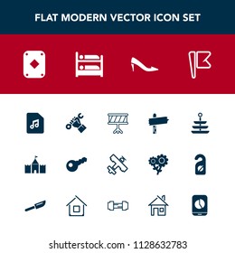 Modern, simple vector icon set with flight, play, airplane, shoe, female, key, food, music, construction, poker, hotel, direction, travel, drum, musical, arrow, plate, exercise, estate, foreman icons