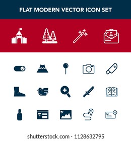 Modern, simple vector icon set with knife, lava, finance, cut, sky, tree, nature, , bag, wizard, animal, drop, mail, castle, mountain, glass, lens, bird, sack, envelope, environment, food, magic icons