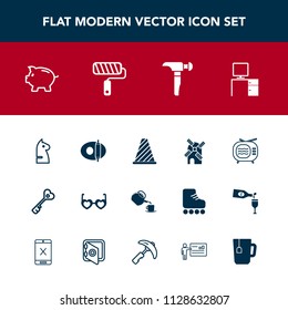 Modern, simple vector icon set with cup, fashion, pan, power, electricity, food, finance, saw, coin, house, television, desk, cooking, game, investment, chess, road, energy, door, chessboard, tv icons