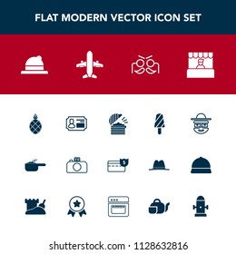 Modern, simple vector icon set with coin, card, dessert, money, food, coffee, chef, photography, bank, dinner, travel, identity, celebration, camera, festival, ice, fashion, cash, summer, party icons
