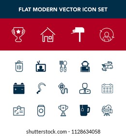 Modern, simple vector icon set with fork, battery, refresh, car, full, fast, screen, dinner, garden, gardening, astronaut, transportation, spoon, sky, sickle, technology, kitchen, joy, recycling icons