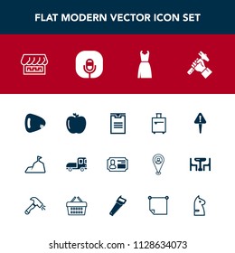 Modern, simple vector icon set with shipping, transport, identity, card, exclamation, transportation, white, radio, mark, food, helmet, musical, industry, id, fashion, shop, luggage, trip, bag icons