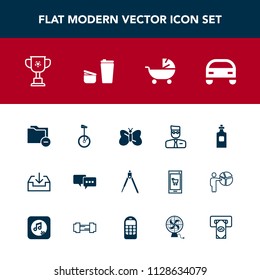 Modern, simple vector icon set with glass, account, user, kid, coffee, instrument, download, bubble, speech, insect, cafe, white, file, nature, circus, drink, victory, liquid, stroller, baby icons