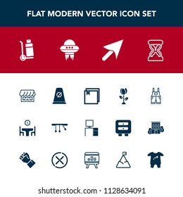 Modern, simple vector icon set with cargo, blossom, pendulum, baby, dinner, web, office, floral, space, curtain, hour, traffic, table, spring, transportation, white, clothes, desk, spacecraft icons