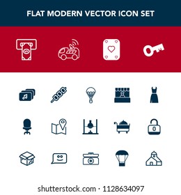 Modern, simple vector icon set with satellite, market, research, grocery, dress, fashion, meat, chemistry, vehicle, barbecue, parachuting, pin, cash, sky, finance, supermarket, machine, bank icons