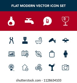 Modern, simple vector icon set with surveillance, phone, chart, crash, sign, ribbon, tool, pin, shattered, industrial, healthy, computer, camera, mediterranean, graphic, map, service, bathroom icons