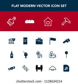 Modern, simple vector icon set with bank, home, drink, cream, kitchen, liquid, freezer, refrigerator, money, sign, bottle, briefcase, construction, flag, bag, shovel, , house, estate, beverage icons