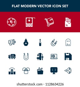 Modern, simple vector icon set with fashion, aroma, sport, halloween, car, fitness, technology, bottle, game, cargo, perfume, announcement, magnetic, transport, chocolate, bag, ghost, airport icons