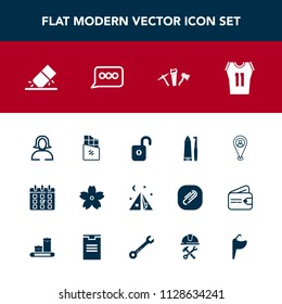 Modern, simple vector icon set with camp, cherry, calendar, outdoor, game, tent, bar, eraser, spring, health, repair, erase, travel, blossom, security, toothbrush, shirt, sweet, location, lady icons