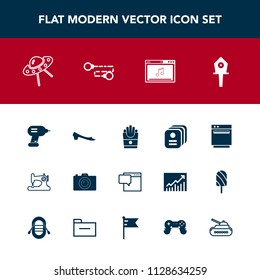 Modern, simple vector icon set with technology, machine, business, drill, kitchen, snack, fashion, food, card, gas, bubble, industry, message, oven, tank, id, spring, identity, music, potato icons