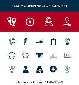 Modern, simple vector icon set with bulb, lightbulb, light, music, face, investment, uniform, girl, baggage, stamp, bank, fashion, money, stationery, paper, alcohol, drink, karaoke, chef, lamp icons