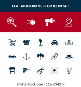 Modern, simple vector icon set with nautical, winner, festival, award, decoration, cart, king, search, car, highway, internet, birthday, profile, bus, person, transport, megaphone, vehicle, ship icons