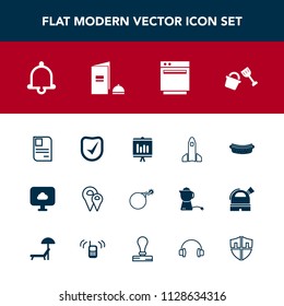 Modern, simple vector icon set with shovel, book, launch, id, cloud, space, identity, notification, road, rocket, kitchen, report, paper, oven, check, security, business, falling, alarm, dinner icons