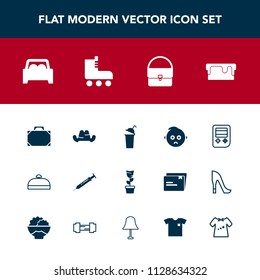 Modern, simple vector icon set with kid, trip, car, button, vehicle, beverage, plant, cake, drink, room, fashion, pot, arrow, sweet, skating, equipment, leather, home, cup, suitcase, child, food icons