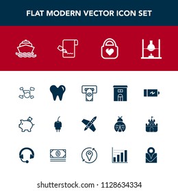 Modern, simple vector icon set with water, boat, estate, cash, spaceship, finance, research, style, sea, ocean, science, battery, charger, dental, building, man, health, chemistry, electricity icons