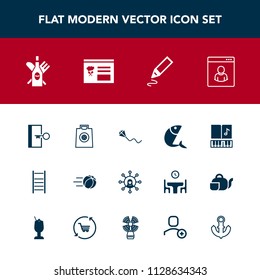 Modern, simple vector icon set with fun, sound, sea, football, sky, red, wine, screen, pen, note, escape, office, door, display, stationery, joy, ladder, profile, kite, alcohol, glass, game, buy icons