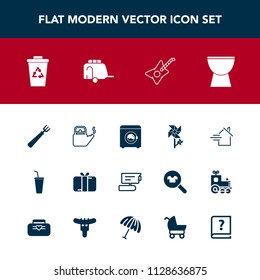 Modern, simple vector icon set with garbage, guitar, blossom, hot, transport, holiday, juice, white, floral, train, trash, estate, dinner, van, recycling, rent, spoon, home, wash, water, steam icons