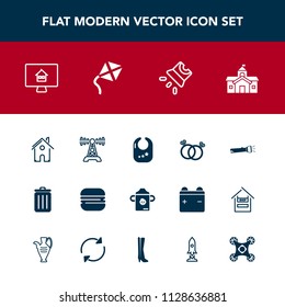 Modern, simple vector icon set with home, lamp, music, plastic, milk, station, wedding, architecture, estate, infant, garbage, radio, projection, city, kite, real, rattle, communication, diamond icons