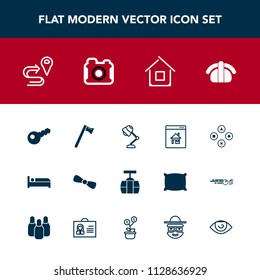 Modern, simple vector icon set with real, seafood, map, japan, technology, computer, key, route, online, car, tool, hotel, spanner, property, road, electricity, hammer, architecture, play, bed icons