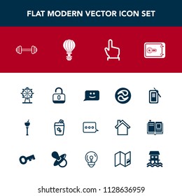 Modern, simple vector icon set with alcohol, unlock, tool, inkstone, face, bank, london, ice, exercise, chat, japanese, mon, finance, security, drink, button, message, protection, touch, fitness icons