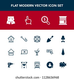 Modern, simple vector icon set with wooden, rod, equipment, search, bird, chair, glass, touch, birdhouse, finger, office, business, target, tool, fish, room, estate, cocktail, house, chat, drink icons