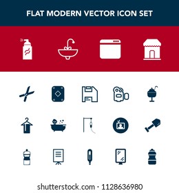 Modern, simple vector icon set with graffiti, shower, diskette, browser, sink, hanger, food, work, street, abstract, paint, sale, internet, video, water, bath, handle, camera, garden, bathroom icons
