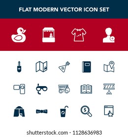 Modern, simple vector icon set with dumper, mascara, makeup, tipper, mask, world, string, video, child, notebook, play, add, book, truck, dump, camera, retro, toy, map, page, rubber, location icons