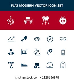 Modern, simple vector icon set with shovel, graph, map, box, cardboard, barbecue, pointer, glasses, south, data, grill, child, north, unpacking, equipment, business, home, cradle, construction icons