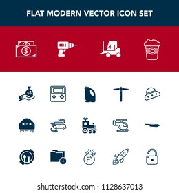 Modern, simple vector icon set with equipment, machine, travel, science, car, web, cash, hand, can, toy, protection, alien, ship, monster, train, cafe, finance, ufo, business, cargo, currency icons