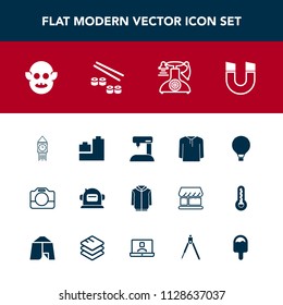Modern, simple vector icon set with sewing, ball, film, pole, fish, toy, telephone, tower, sew, helmet, magnetic, play, handle, salmon, monster, ufo, jump, clock, vintage, old, japan, camera icons
