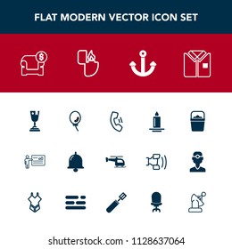 Modern, simple vector icon set with achievement, helicopter, shirt, furniture, fashion, light, water, flame, modern, couch, mobile, alarm, anchor, object, meeting, bell, businessman, air, sofa icons