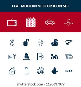 Modern, Simple Vector Icon Set With Timetable, Idea, Military, Security, Tropical, Exit, Escape, Child, Surfing, Taxi, Ocean, Screen, Gun, Calendar, Vehicle, Protection, Door, Light, Tv, Lamp Icons