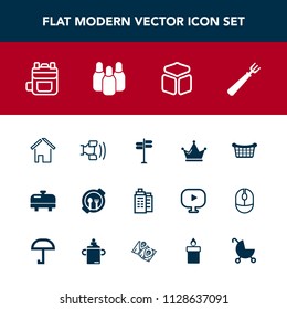 Modern, simple vector icon set with mobile, road, business, dinner, leather, estate, market, real, king, plate, ball, boiler, architecture, spoon, equipment, crown, square, heater, water, cube icons