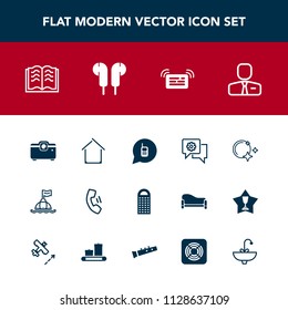 Modern, simple vector icon set with job, communication, estate, notification, grater, paper, buoy, employee, cell, moon, star, page, telephone, education, ringing, sky, audio, message, people icons