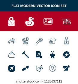 Modern, simple vector icon set with music, hammer, bag, rail, card, transportation, wrench, map, business, clothing, child, leather, work, sale, shop, truck, repair, shipping, sky, transport, id icons