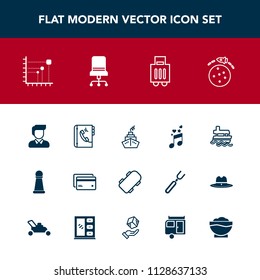 Modern, simple vector icon set with man, airport, plastic, game, baggage, sound, business, space, book, diagram, technology, internet, planet, money, music, king, skateboard, musical, skater,  icons